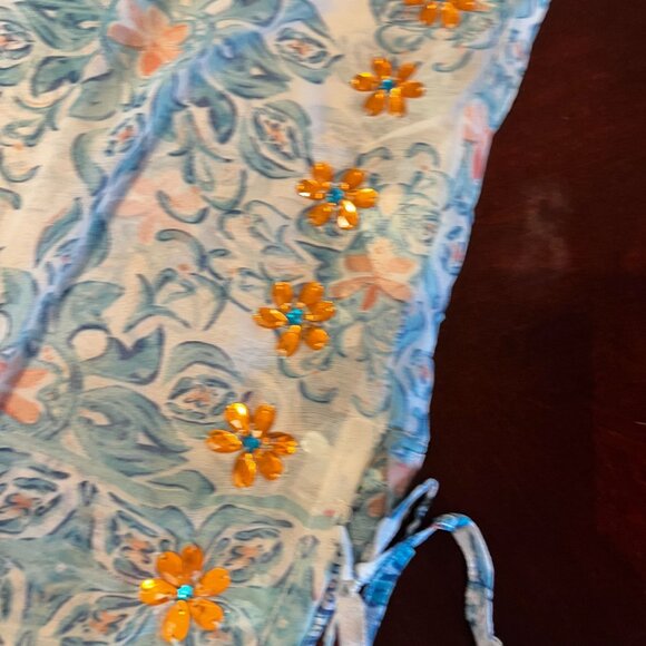 Modaposa Womens Floral Embellished Tunic Top Blue White 100% Polyester - Picture 6 of 9